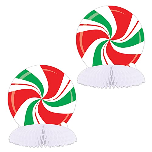 Beistle 2 Piece Cardstock Paper Peppermint Candy Centerpieces Christmas Party Decorations for Gingerbread Theme Holiday Décor, 8.75" x 8.25", Red/White/Green