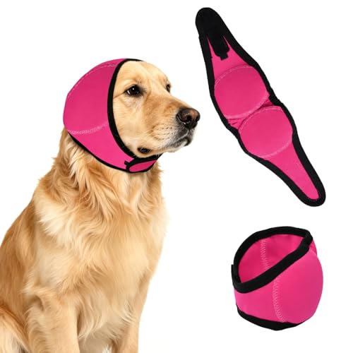 Image of Upgraded Dog Ear Muffs for Noise Protection & Anxiety Relief, Adjustable No Shake Ear Wrap for Firework, Hematoma, Bathing, Swim, Grooming and Force Drying (Fuchsia, L(Head Size:18 inch-24 inch))