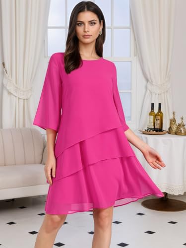 Image of Seta T Women's Chiffon Dresses 3 /4 Bell Sleeve Crewneck Tiered Layered Flowy Dress Party Wedding Outfits