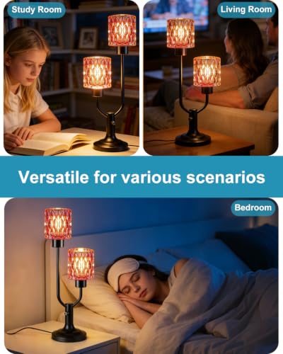 Image of Lightdot Red Glass Vintage Lamp Mid Century Modern Table Lamp Dimmable Gift | Nightstand Lamp Black Desk Lamp 2 Bulbs Included 3000K Warmwhite Ambient Bedside Lamps for Bedroom Living Room Home Decor