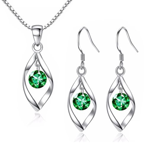 Zolkamery Schmuckset Silber 925 Damen, 925 Sterling Silber Twist Halskette & Ohrhänger Set mit Grün 5A Zirkonia, Damen Tropfen Mode Schmuck Set Silberkette & Haken Ohrringe Hängend für Mädchen Frauen