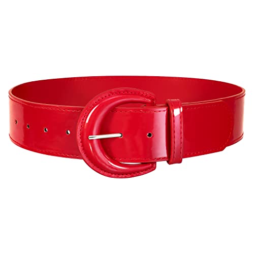 XZQTIVE Wide Elastic Stretch Belts for Women Dresses, Black Red PU Leather with Vintage Chunky Buckle - Main Image