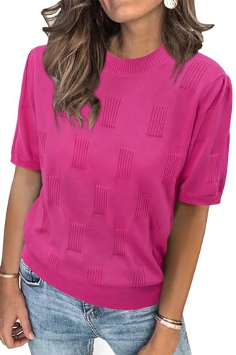 Image of Arach&Cloz Women's Short Sleeve Crew Neck Sweaters Trendy Teacher Work Tops | Lightweight&Breathable Fabric, Texture Knit Design, Relaxed Fit, Business Casual Outfits, Teacher Work Tops Fall 2026