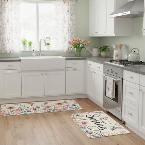 Aurblyn Spring Kitchen Mats Set Of 2 Pink Floral Kitchen Rugs Non Slip Washable With Crystal Velvet Kitchen Floor Mats Decor Kitchen Mat Fatigue Mats For Standing 16X24 And 16X45.5 Inch - 2