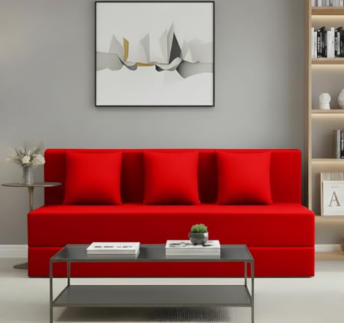 Image of AMATA Instant 3 Seater Foldable Sofa Cum Bed red Suede Velvet Fabric with 2 Pillow Perfect for Home Living Office Room and Guests (3 Year Warranty) (red, Instant 3 Seater Sofa Cum Bed)