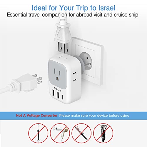 Image of TESSAN US to Israel Plug Adapter, Type H Travel Adaptor | 4 American Outlets,3 USB Charger (1 USB‑C), Ideal for Jerusalem