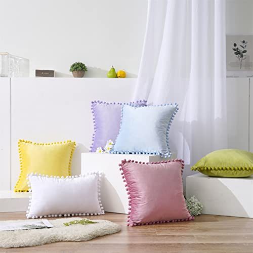 Top Finel Decorative Throw Pillow Covers With Pom Poms Soft Particles Velvet Solid Cushion Covers 18 X 18 For Couch Bedroom Car,Set Of 2,Lavender Purple #TOP5