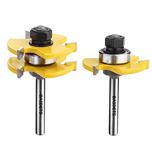 BAIDETS 1/4 Tongue and Groove Router Bits - Set of 2Pcs 1/4 Inch Shank Router Bit Set 3 Teeth Adjustable T Shape Wood Milling Cutter