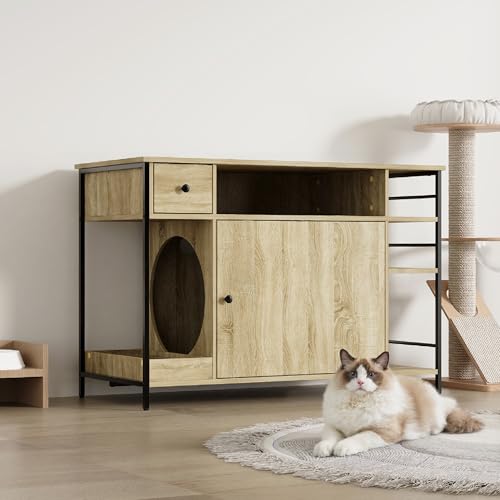 DiDUGo 猫キャット トイレクローゼット 幅108cm 猫キャビネット サイドボード 木製 猫ケージ トイレ 隠す 大型 収納 ペットハウス 猫砂 飛散防止 室内用