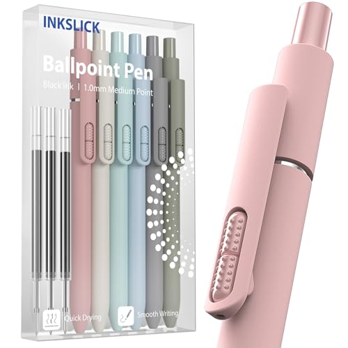 InkSlick 9 Pack Black Ballpoint Pens - 1.0mm Medium Point Smooth Writing Black Ink Ball Point Pens Long Lasting Retractable Fidget Pens for Adults, Men, Women, School, Office (6 Pens & 3 Refills)