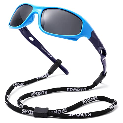 Pro Acme Kids Sunglasses for Boys Girls, Polarized Sports Child Youth Baseball Sunglasses with Strap for Kids Ages 3-12 (Baby Blue)
