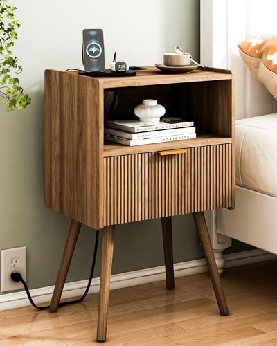 JOONEE Nightstand with Outlet,Modern Bedside Table with Storage Drawer and