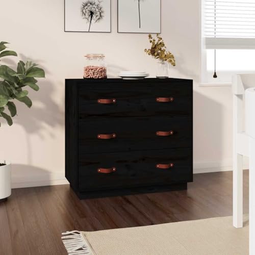 Aparador negro de pino macizo con 3 cajones y diseño robusto de 80x40x75 cm 3