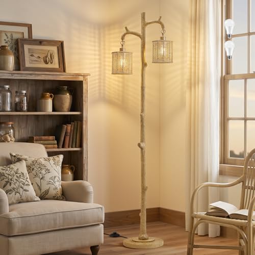 EJIAXIN Floor Lamp for Living Room - 69" Farmhouse Tree Trunk Standing Lamps - Country Resin Tall Lamp with 2 Rattan Lampshade - Rustic Floor Lamp for Bedroom Office Home Decor by EJIAXIN - Used condition - Image 5