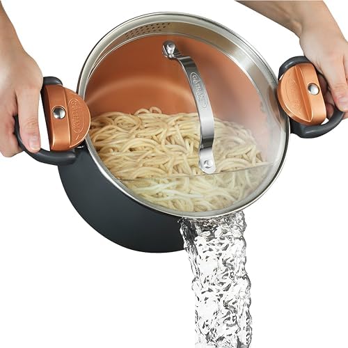 Gotham Steel 5 quart nonstick pasta pot with locking strainer lid and glass