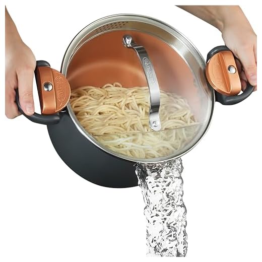 Gotham Steel 5 Quart Stock Pot Multipurpose Pasta Pot with Strainer Lid & Twist and Lock Handles, Nonstick Ceramic Surface Makes for Effortless Cleanup with Tempered Glass Lid, Dishwasher Safe