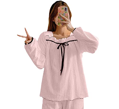 Pyjama flanelle femme hiver à manches longues et col carré confortable pour la maison