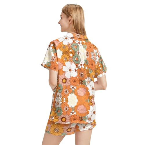 Image of Silk Satin Pajama Set for Women Summer Lounge Pjs Sets 2 Piece Suit Ladies Button Down Tops And Shorts Sleepwear