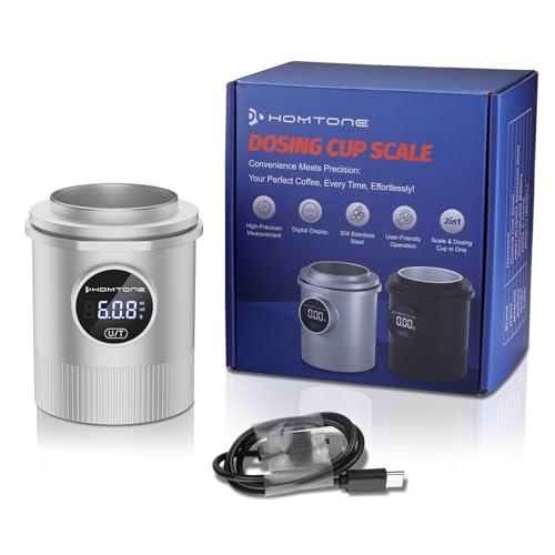 Homtone Espresso Dosing Cup & Digital Scale Combo - 0.05g Precision, USB-C Rechargeable, 58mm Portafilter Compatible, One-touch Easy Control- Stainless Steel Interior, Silver