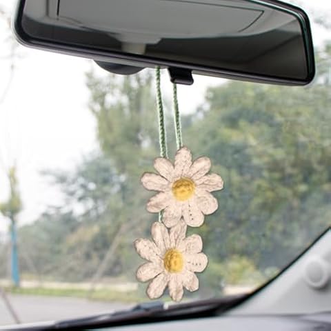 Crochet Daisy Car mirror Hanging Accessories for Women,Cute Car Decor Handmade Daisy Flower Car charm,Boho Aesthetic Car Hanging Ornament (White) Cover