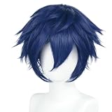 IMEYLE Dark Blue Short Wig for Men Cosplay Deep Blue Wig for Men Short Wavy Wigs Synthetic Anime Cosplay Wigs for Halloween Costume Party + Hair Cap