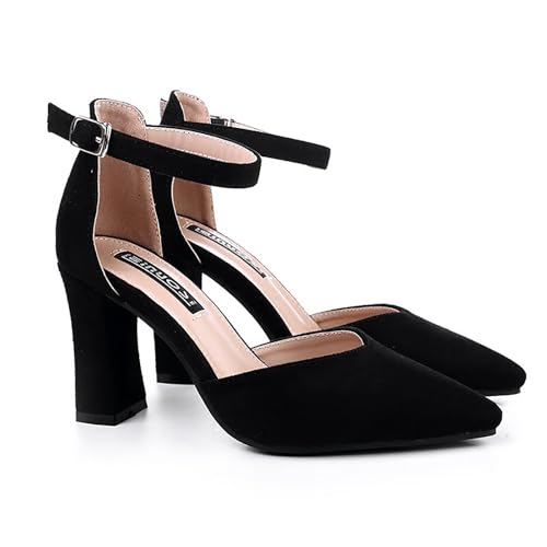 Women's Suede Chunky Heel Pumps with Adjust Ankle Strap Fashion Comfort Closed Pointed Toe High Heels Dress Shoes for Party Prom Wedding D'Orsay Shoes