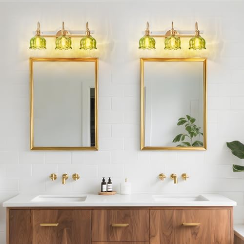 Image of Bathroom Light Fixtures Over Mirror,3-Light Brushed Gold Vanity Lights with Green Tulip Glass Shades,Vanity Lighting Fixtures for Bathroom Bedroom Kitchen Living Room Hallway