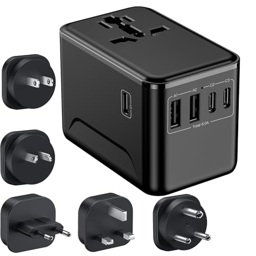 JMFONE Universal Travel Adapter with Type D Plug(India & Most Africa), International Power Adapter, 30W 3X USB-C & 2X USB-A Ports & 2500W AC Outlet, Travel Charger for Europe US UK AUS 200+