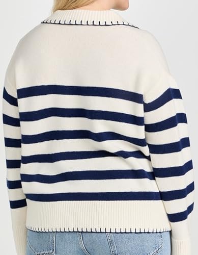 Image of Kedera Women's Casual Striped Pullover Sweater Long Sleeve Polo V Neck Lightweight Loose Fit Knit Jumper Tops, Small