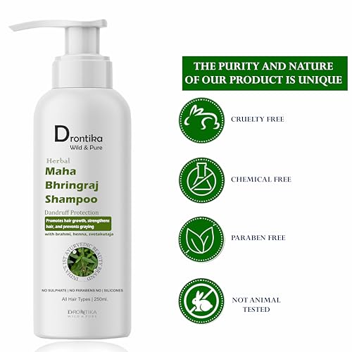 Image of Drontika Wild & Pure Maha Bhringraj Ayurvedic Shampoo - 100% Herbal Hair Tonic for Hair Regrowth, Dandruff Control & Scalp Nourishment - Sulfate-Free, Paraben-Free - 200ml