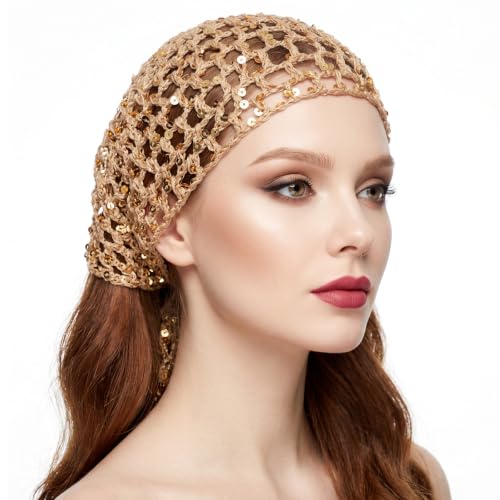 Ymapinc Sequin Head Scarf, Crochet Scarf, Hollow Out Hair Triangle Scarves, 70s Rave Head Wrap, Women Boho Headwrap for Beach Party Travel Daily Wear