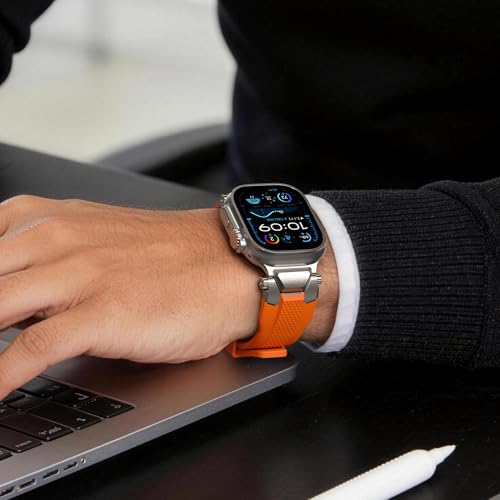 Image of ULTIMAL Rugged Band for Apple Watch Ultra 3 /2 /1 49mm, Series 11 /10 /9 /8 /7 /6 /5 /4 SE 46mm /45mm /44mm, Waterproof, Soft TPU Strap with Stainless Steel Buckle & Connectors, Sweat-Resistant, Easy to Clean, Fits 155-225mm Wrist (Titanium /Orange)