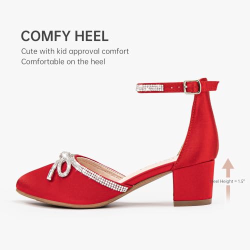 Image of LAURMOSA Girls Sandals Closed Toe High Heels Pointed Toe Ankle Strap Pumps Flower Girl Dressy Shoes in Wedding Party Cute Bowknot Chunky Block Heeled for Little Big Kids