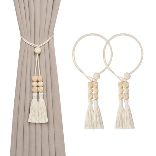 Pretty Jolly 2 Pack Natural Cotton Rope Tassel Curtain Tiebacks Boho Style Decorative Drape Tie Backs Elegant Wooden Beads Curtain Holdbacks for Home & Office Window Drapery (Wooden bead-C)