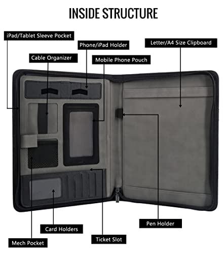 Graduatepro Portfolio Binder Leather Zippered Padfolio Folder Business Case Organizer Bag For Pad Notebook Resume For Women Men, Black #TOP3