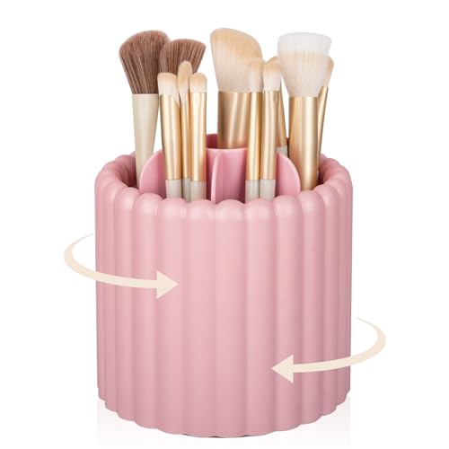 Anyoifax 360 Rotating Makeup Brush Holder 7 Slots Make Up Brush Organizer Removable Spinning Cosmetic Brushes Storage Pen Holder for Vanity, Dresser, Desk, Pink