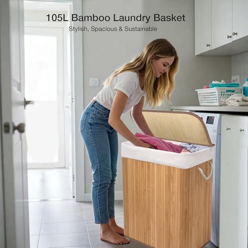 Knight Bamboo Laundry Hamper 105L - Dual Compartment Basket, Removable & Washable Liner, Foldable, Natural, for Bedroom & Bathroom, 52x32x63cm (Natural) - Image 6