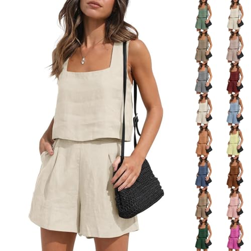 Ensemble 2 Pièces Femme Coton et Lin sans Manches Ensemble Détente Femme Ensembles Shorts et Haut...