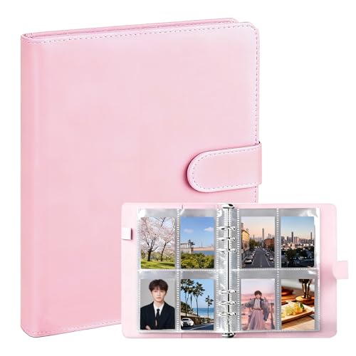 1-Pack A5 Kpop Photocard Binder with 200 Card Slots PU Leather 6-Ring Album for Cards & Collectibles (Pink)