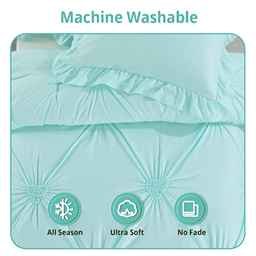 Hombys Bedding Comforter Set For Girls, 3 Piece Blush Pinch Pleat Comforter Set With Ruffles For All Season，Aqua Green, Full/Queen Size #TOP6