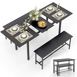 GiantexUK 4-6 Seater Dining Table Set, 3PCS Extendable Kitchen Table and 2 Benches with Footrests & Anti-collision Protectors, Space-Saving Breakfast Furniture Set for Dining Living Room