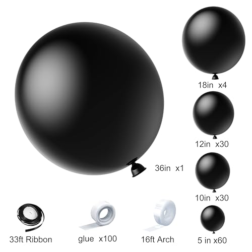 Image of 125Pcs Balloons Set with 5 Sizes 36 inch 18 inch 12 inch 10 inch 5 inch, Including Giant Balloon, Arch Kit, Ribbon - Perfect for Birthday party, Wedding, Baby Shower & Party Supplies (Black)