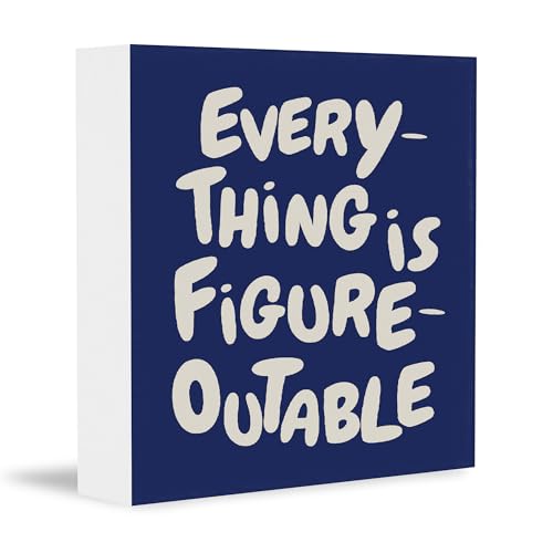 CUANFDDSF Inspirational Navy Blue Office Decor, Every Thing is Figure Outable Motivational Office Accessories Wooden Box Sign, Inspirational Gifts for Women, Men Wall Desk Shelf Tabletop Decoration 5x5In