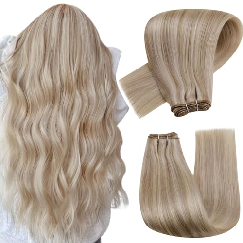 Weft Human Hair Extensions Ash Blonde Real Human Hair Weave Weft Hair Extensions Short Human Hair Weft Extensions Ash Blonde Mix Bleach Blonde #18/613 12Inch 70g