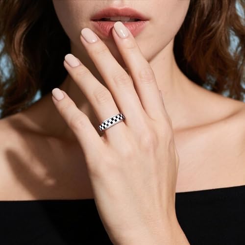 Fidget Ring for Anxiety Women Men, Black and White Checkered Pattern Stainless Steel Spinner Jewelry Anxiety Relief Items for Adults Gold Plated/Silver Size 5-112