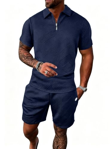 PLEPAN Men's Polo Shirt and Shorts Set Summer Outfits Fashion Casual Short Sleeve Polo Suit for Men 2 Piece Short Set Dark Blue S