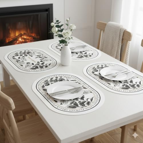 Image of Yelona White Oval Leather Placemats | Vintage Floral Design, Waterproof, Stain Resistant | Stylish Leather Dining Table Mats (Classic Camellia, Pack of 4)