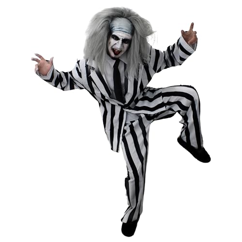 Adults Crazy Ghost Halloween Costume - Medium - Black & White Striped Suit, Black Tie, Grey Wig, Facepaint - Mens 80s TV Film Halloween Fancy Dress Costume