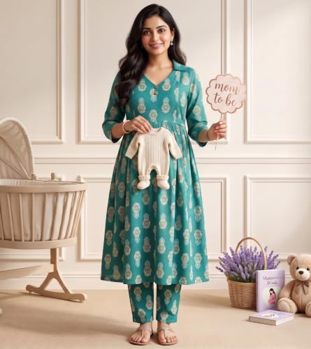 Image of DUMMY SHAPE Maternity Dresses for Women Cotton | Floral Kurta Pant Dupatta Set with Nursing Zippers, Side Pocket | Pre & Post Pregnancy | Feeding Kurti Suit | Baby Shower | Gifts for Pregnant Woman