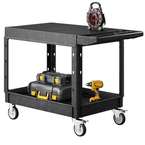 VEVOR Carro Multiusos, Carro de Servicio de Plástico Resistente de 2 Estantes, 1180 x 650 x 865 mm, con Ruedas Giratorias de 360° (2 con Frenos), Carga de 250 kg, para Almacén, Garaje, Negro